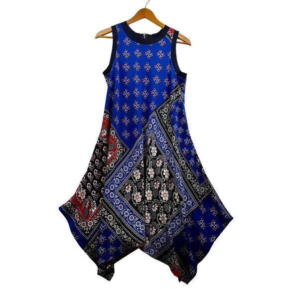 KARL LAGERFELD PARIS Handkerchief Hem Boho Festival Luxe Mixed-Print Dress Sz 10 - Picture 3 of 8